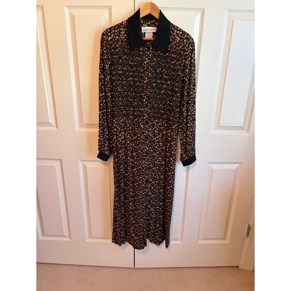 Lindsey Scott Vintage Smocked Floral Maxi Dress Brown Long Sleeve 90s Size 8